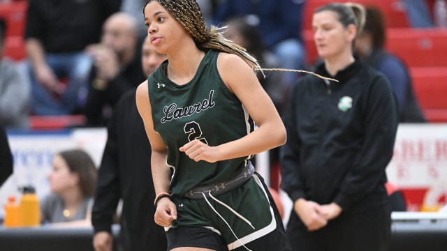 Laurel's Saniyah Hall gets introduced prior to a game against Purcell Marian on January 16, 2023